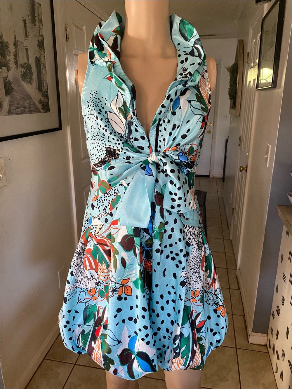 Samuel Dong Aqua Floral & Spotted Tie-Front Mini Dress